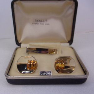 Vintage Boxed Cuff Links Tie Clasp Set Yellow Stones